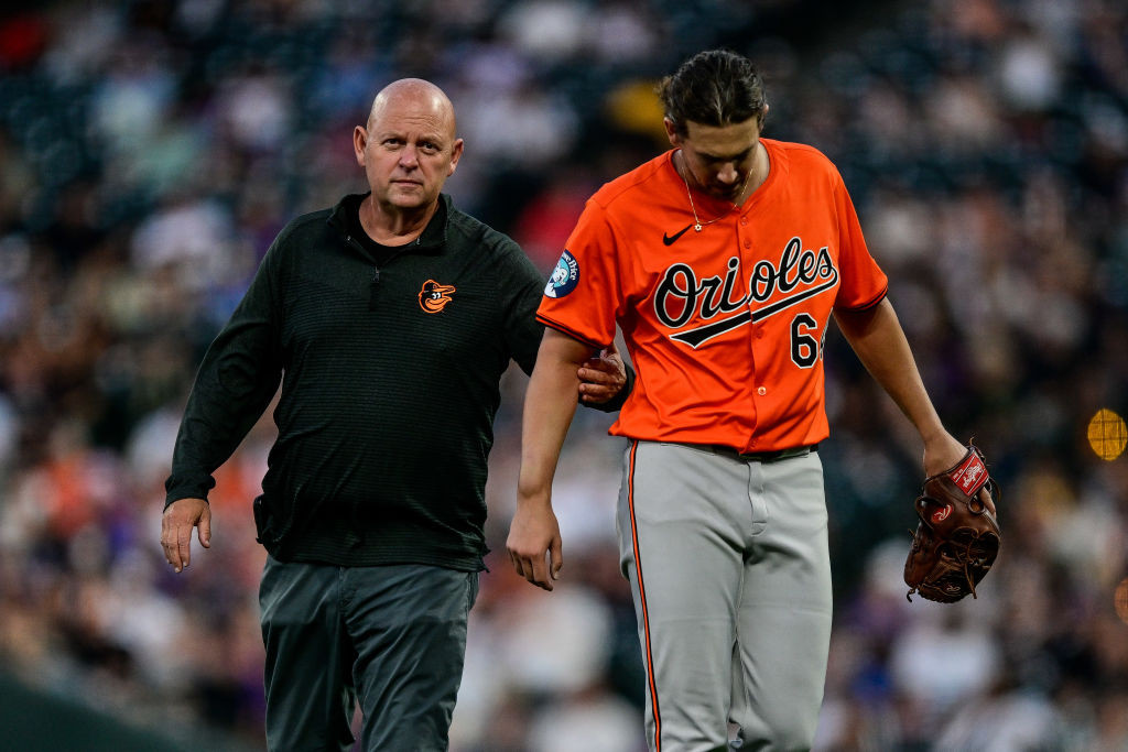 Dean Kremer after being hit in the forearm